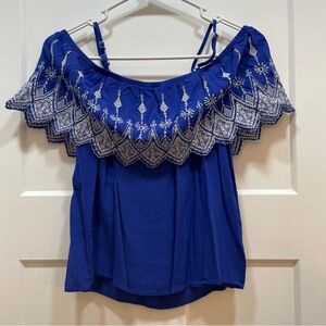 Francesca’s Blue and White Embroidered Off the Shoulder Tank Top